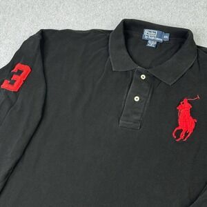 Vintage 90s Polo Ralph‎ Lauren Mens 4XL Black Big Red Pony Embroidered Rugby LS